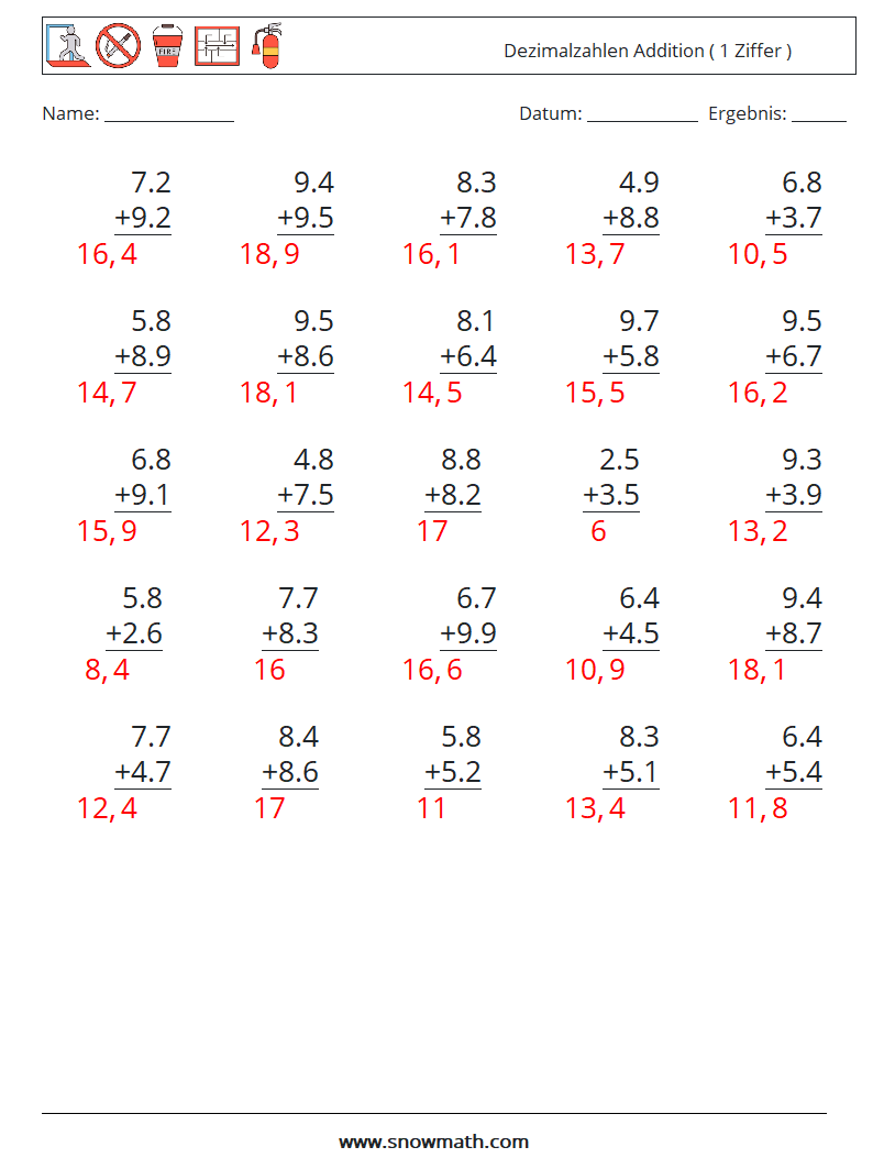 (25) Dezimalzahlen Addition ( 1 Ziffer ) Mathe-Arbeitsblätter 2 Frage, Antwort