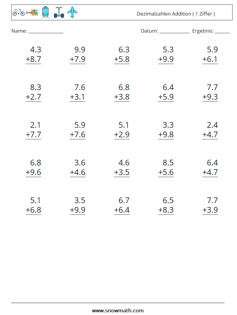 (25) Dezimalzahlen Addition ( 1 Ziffer ) Mathe-Arbeitsblätter 3
