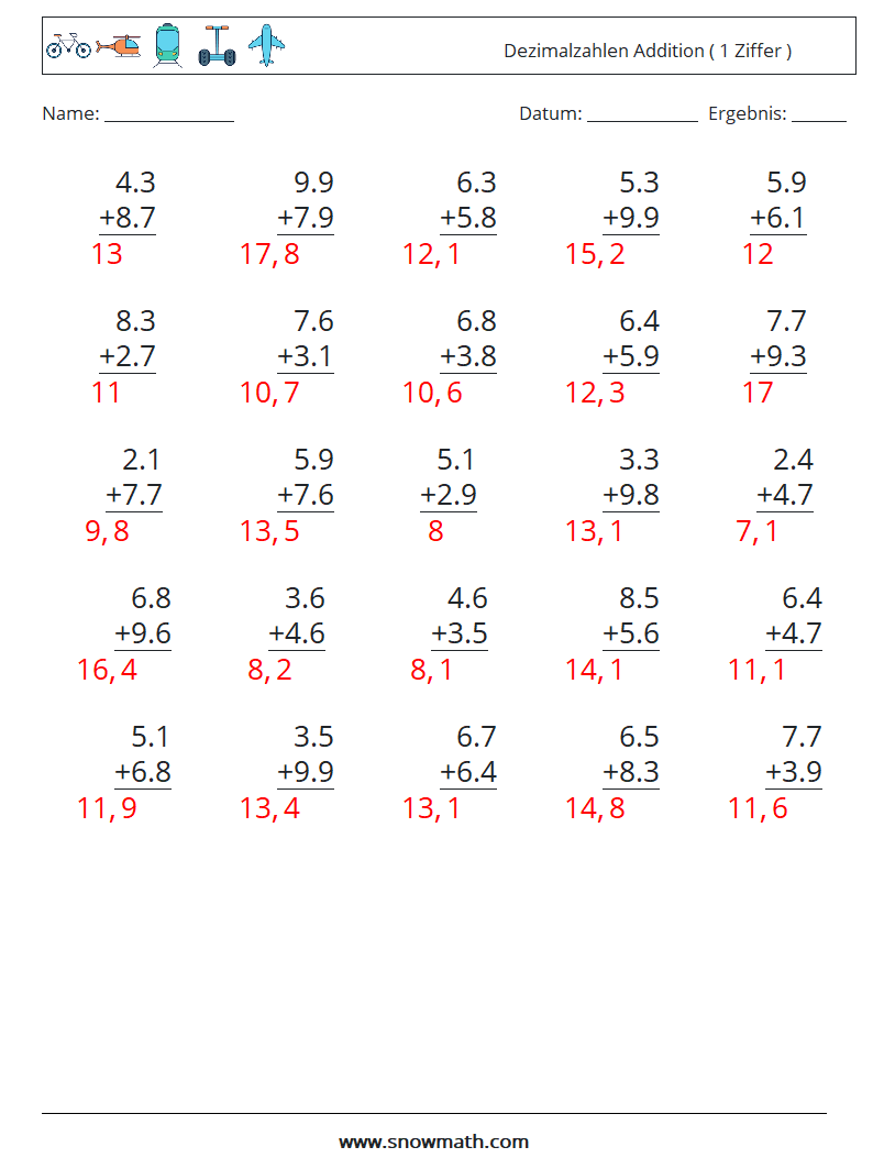 (25) Dezimalzahlen Addition ( 1 Ziffer ) Mathe-Arbeitsblätter 3 Frage, Antwort