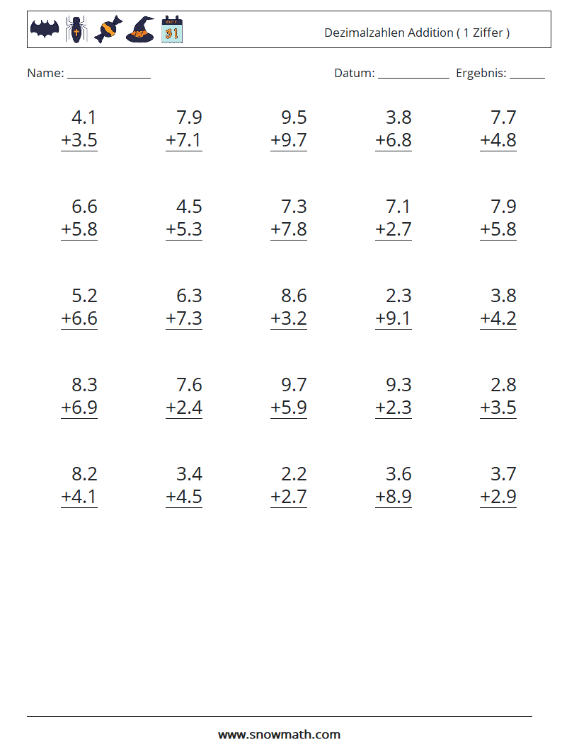(25) Dezimalzahlen Addition ( 1 Ziffer ) Mathe-Arbeitsblätter 4