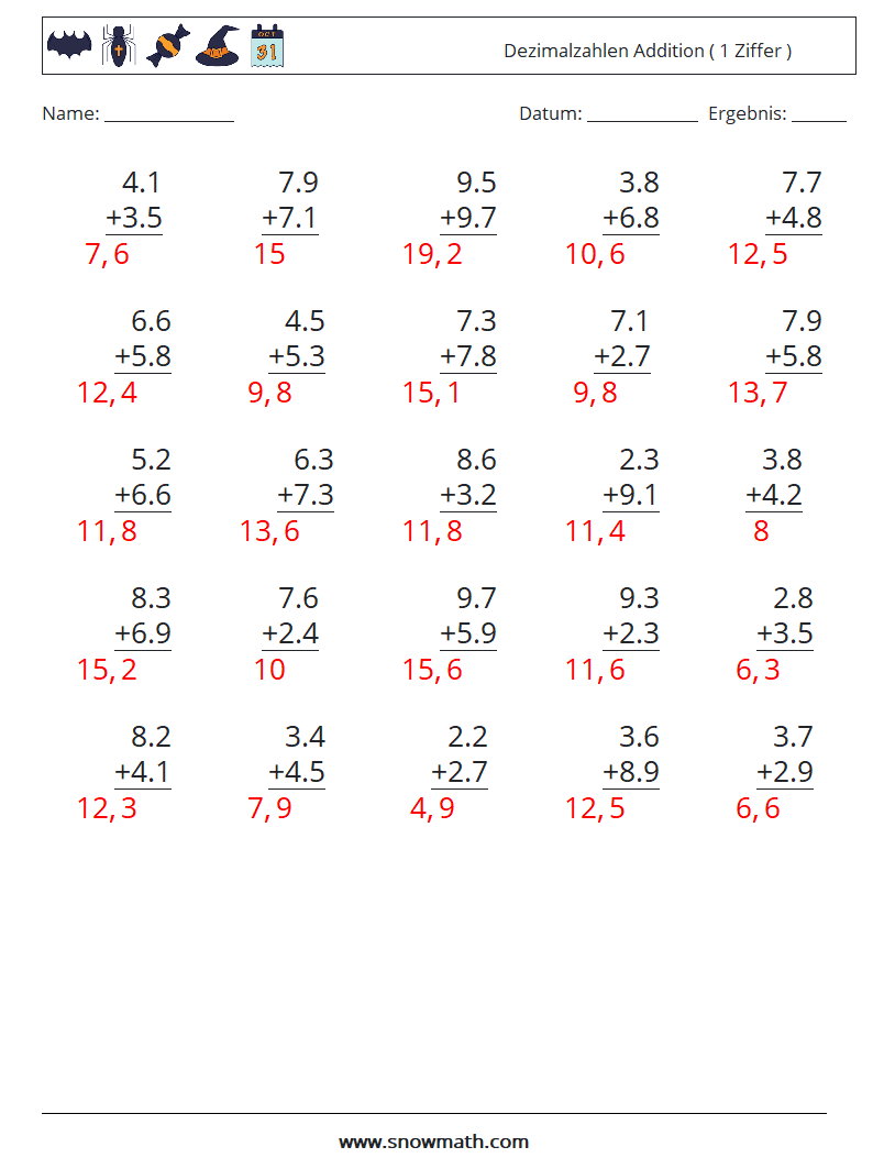 (25) Dezimalzahlen Addition ( 1 Ziffer ) Mathe-Arbeitsblätter 4 Frage, Antwort