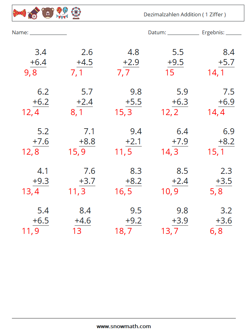 (25) Dezimalzahlen Addition ( 1 Ziffer ) Mathe-Arbeitsblätter 6 Frage, Antwort