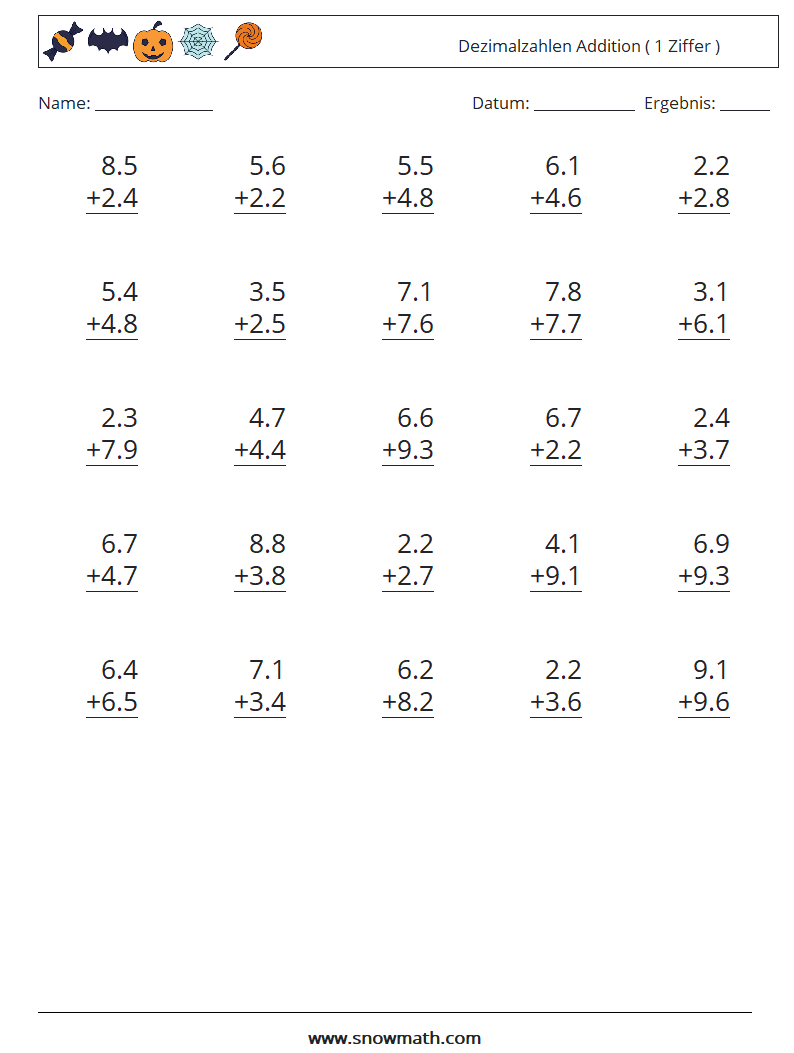 (25) Dezimalzahlen Addition ( 1 Ziffer ) Mathe-Arbeitsblätter 7