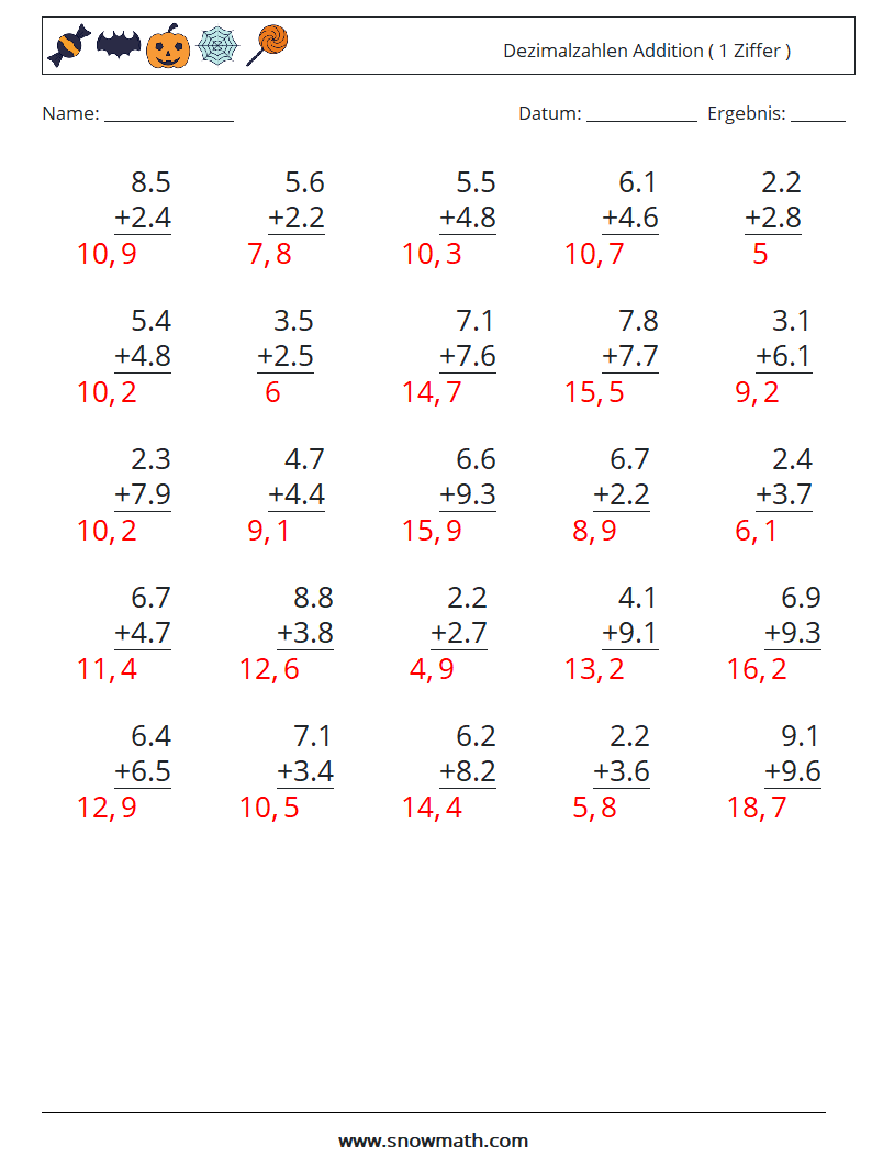 (25) Dezimalzahlen Addition ( 1 Ziffer ) Mathe-Arbeitsblätter 7 Frage, Antwort