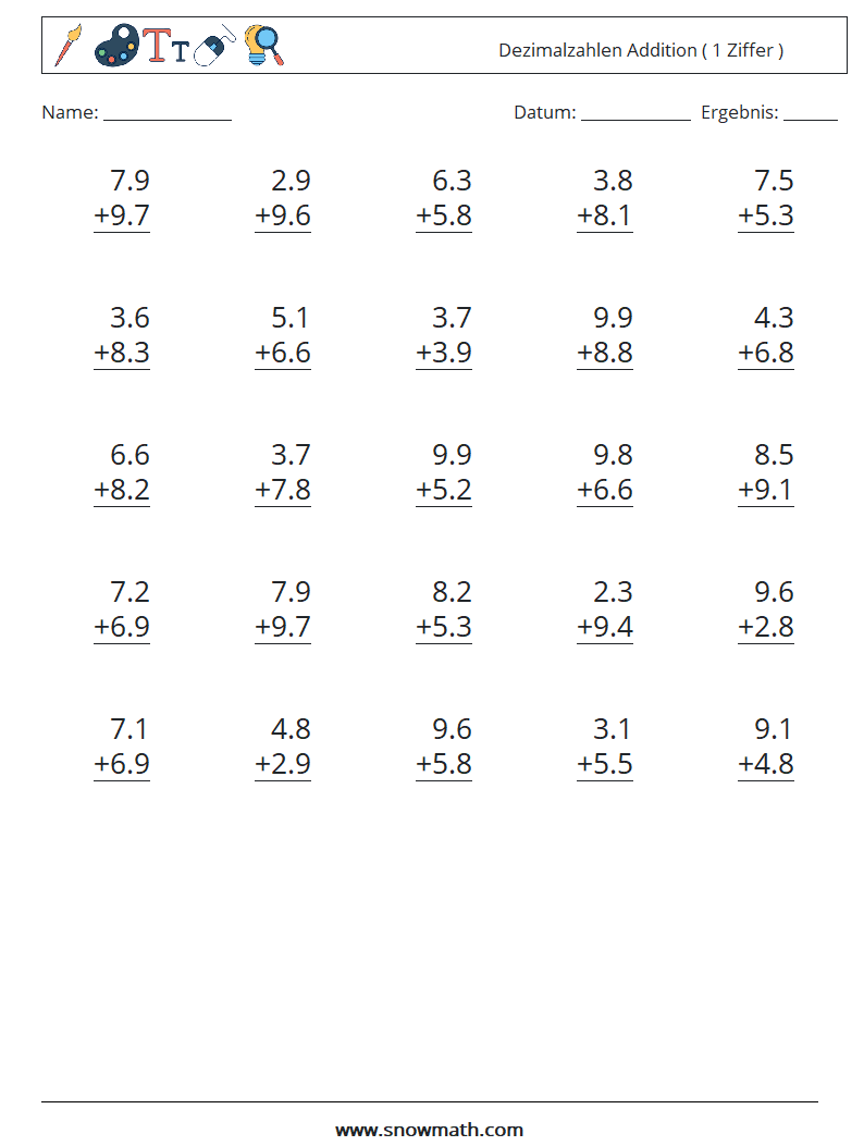 (25) Dezimalzahlen Addition ( 1 Ziffer ) Mathe-Arbeitsblätter 8