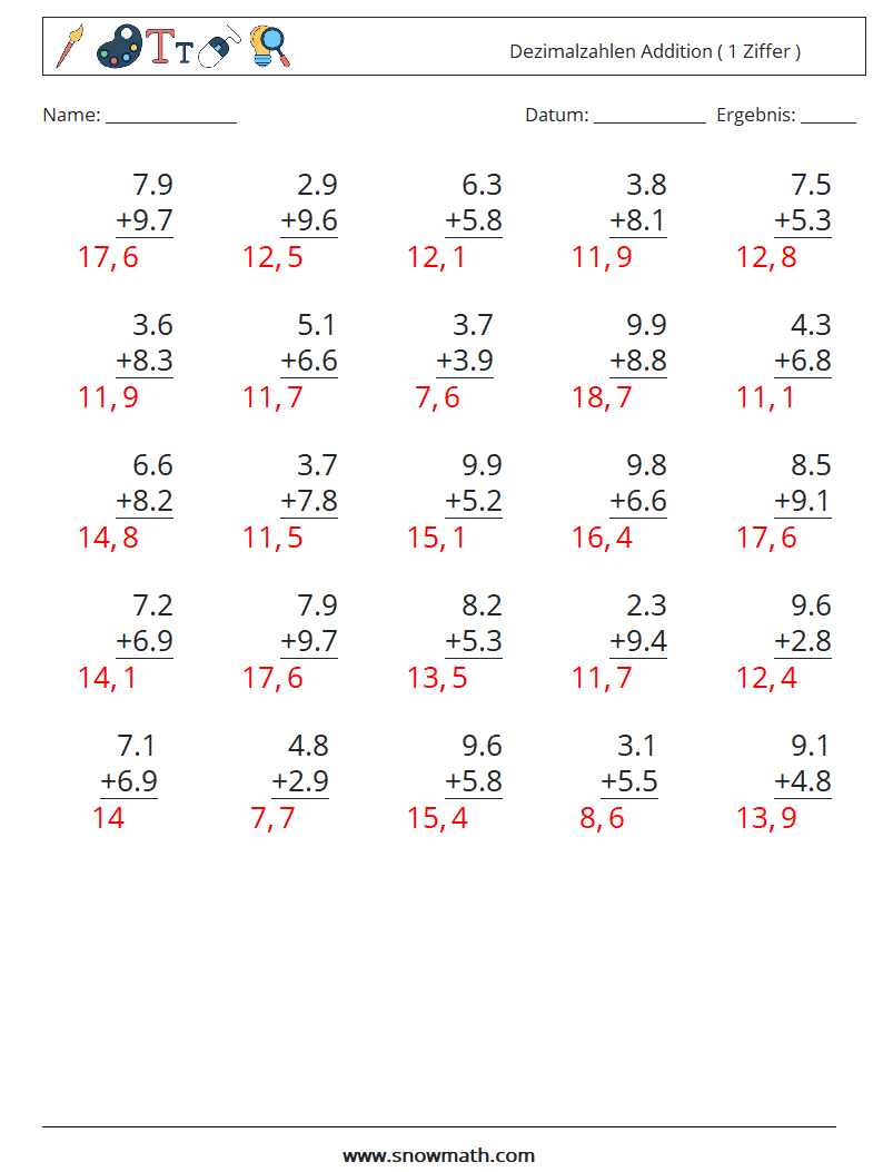 (25) Dezimalzahlen Addition ( 1 Ziffer ) Mathe-Arbeitsblätter 8 Frage, Antwort