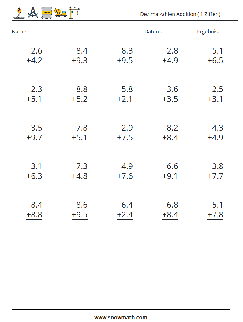 (25) Dezimalzahlen Addition ( 1 Ziffer ) Mathe-Arbeitsblätter 9