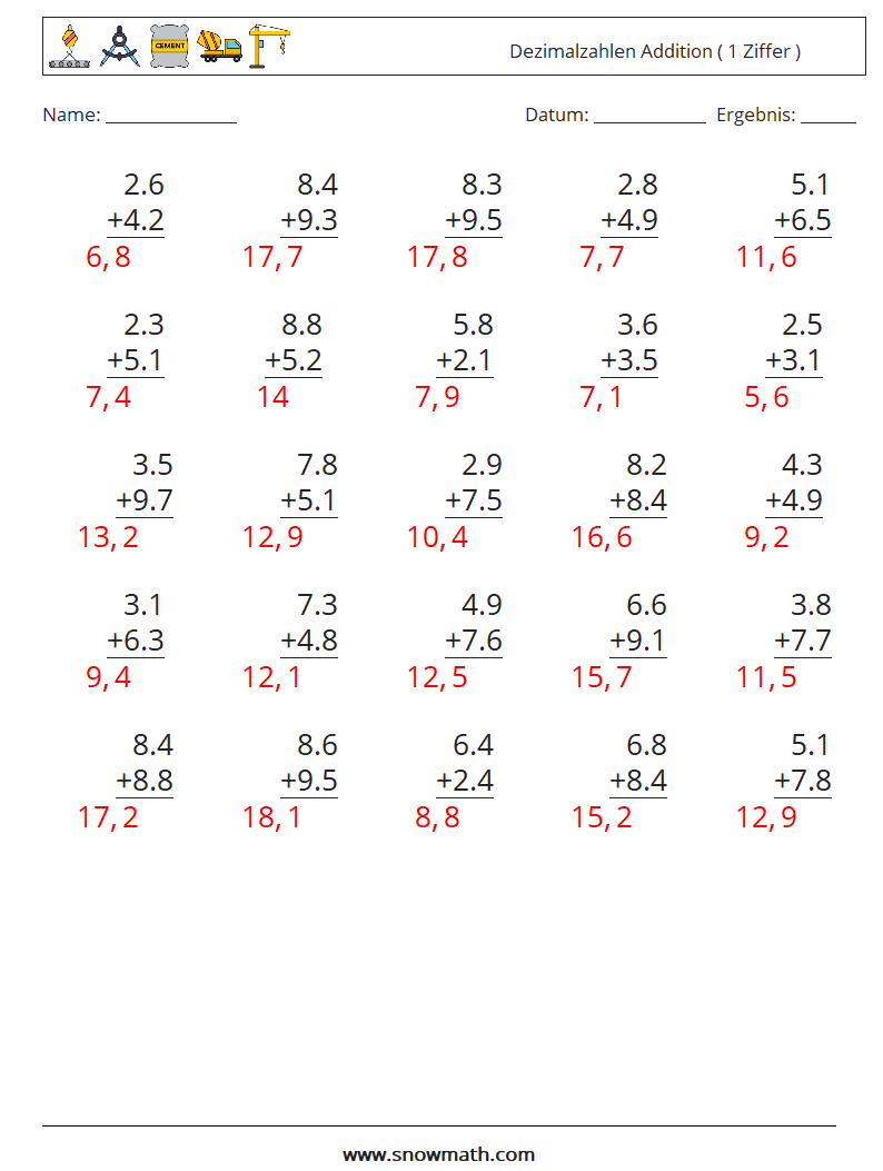 (25) Dezimalzahlen Addition ( 1 Ziffer ) Mathe-Arbeitsblätter 9 Frage, Antwort