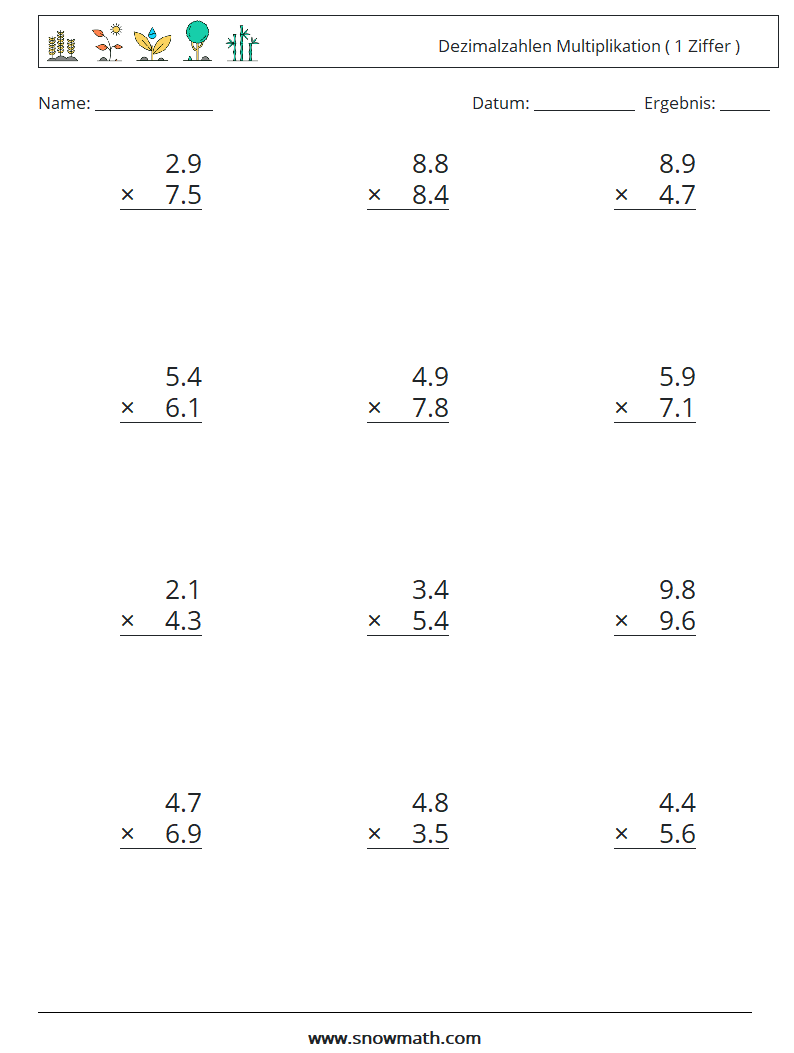 (12) Dezimalzahlen Multiplikation ( 1 Ziffer ) Mathe-Arbeitsblätter 1