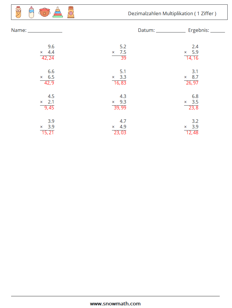(12) Dezimalzahlen Multiplikation ( 1 Ziffer ) Mathe-Arbeitsblätter 12 Frage, Antwort