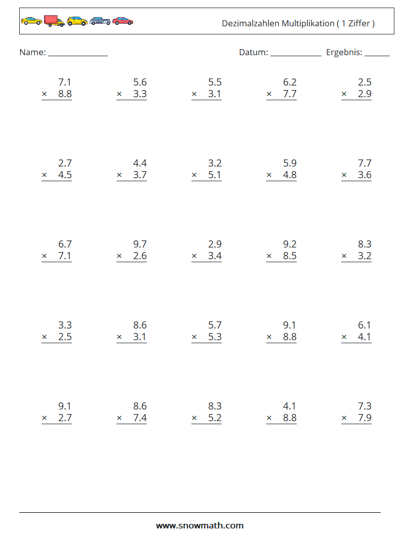 (25) Dezimalzahlen Multiplikation ( 1 Ziffer ) Mathe-Arbeitsblätter 1