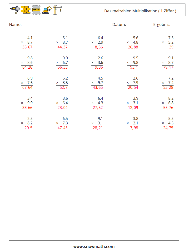 (25) Dezimalzahlen Multiplikation ( 1 Ziffer ) Mathe-Arbeitsblätter 10 Frage, Antwort