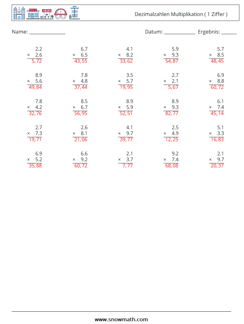 (25) Dezimalzahlen Multiplikation ( 1 Ziffer ) Mathe-Arbeitsblätter 11 Frage, Antwort