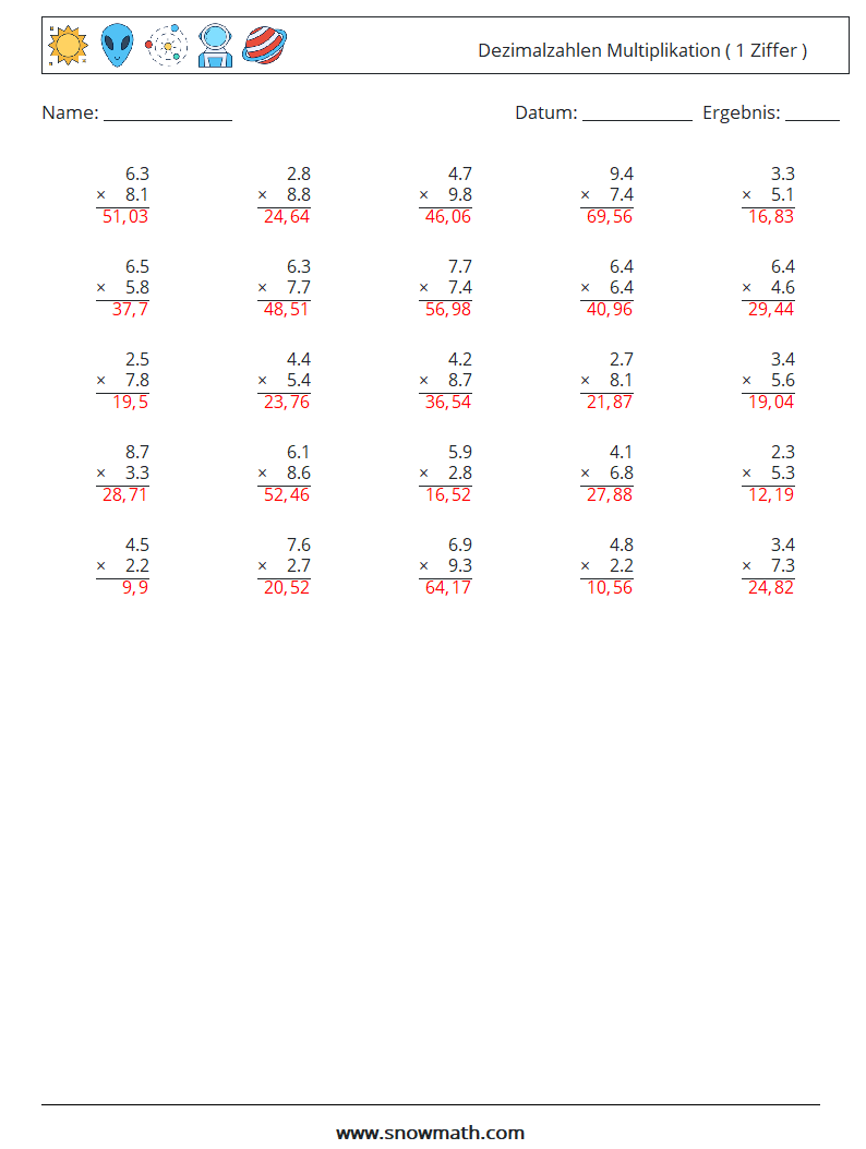 (25) Dezimalzahlen Multiplikation ( 1 Ziffer ) Mathe-Arbeitsblätter 12 Frage, Antwort