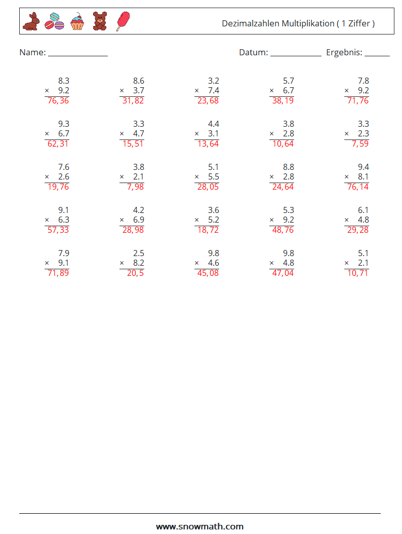 (25) Dezimalzahlen Multiplikation ( 1 Ziffer ) Mathe-Arbeitsblätter 14 Frage, Antwort