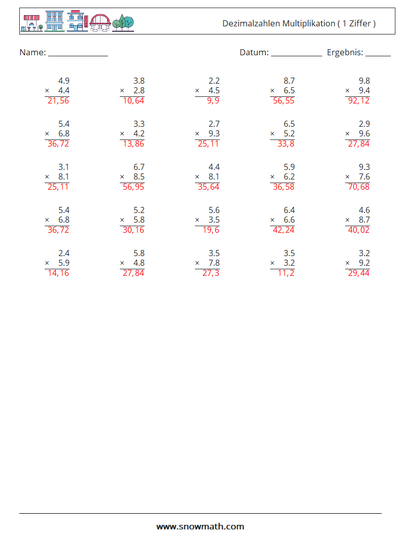 (25) Dezimalzahlen Multiplikation ( 1 Ziffer ) Mathe-Arbeitsblätter 15 Frage, Antwort