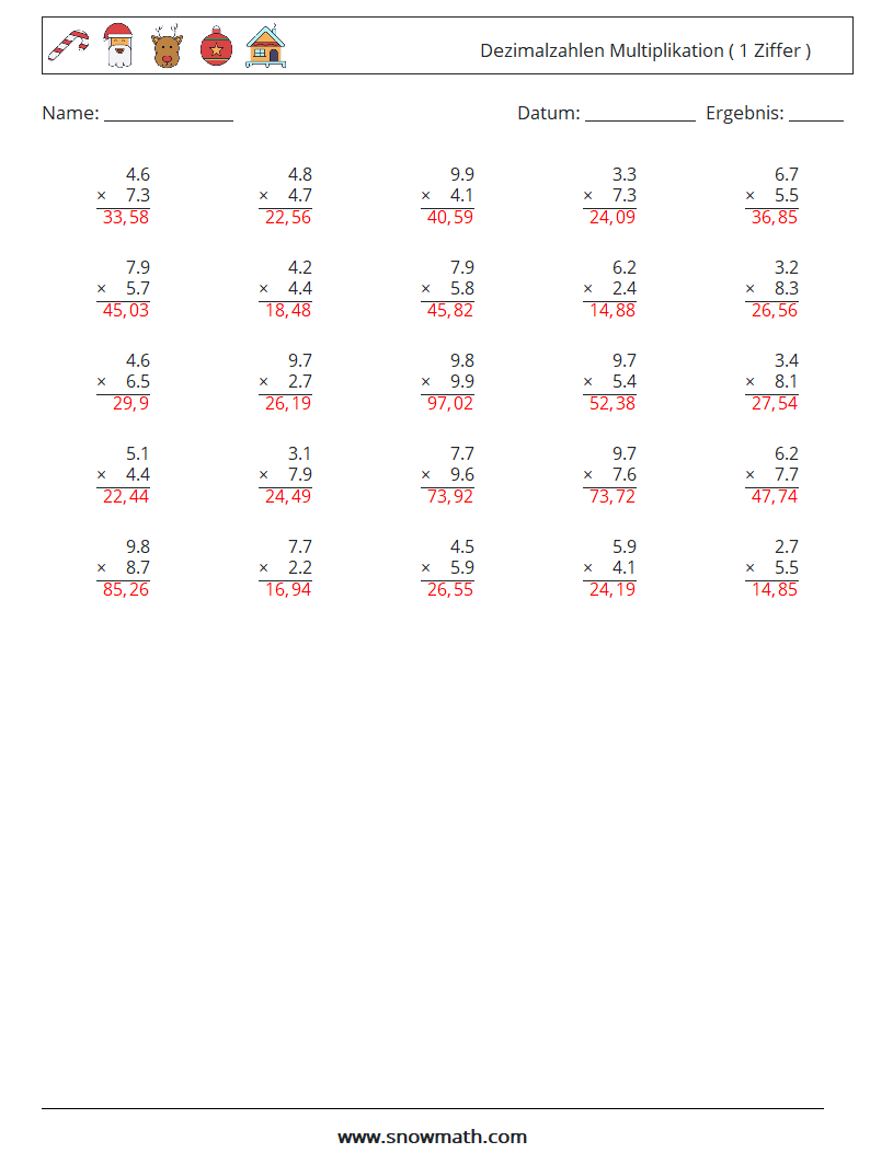 (25) Dezimalzahlen Multiplikation ( 1 Ziffer ) Mathe-Arbeitsblätter 16 Frage, Antwort