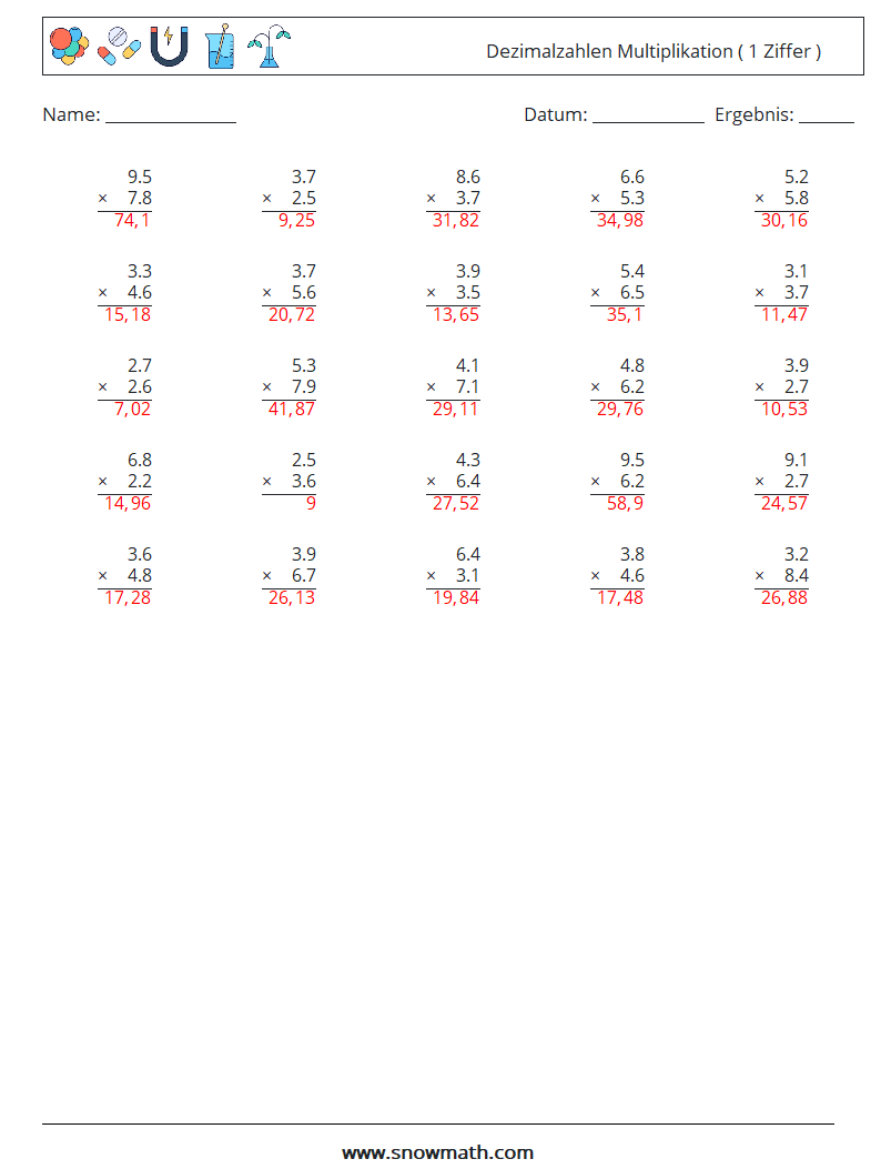 (25) Dezimalzahlen Multiplikation ( 1 Ziffer ) Mathe-Arbeitsblätter 18 Frage, Antwort