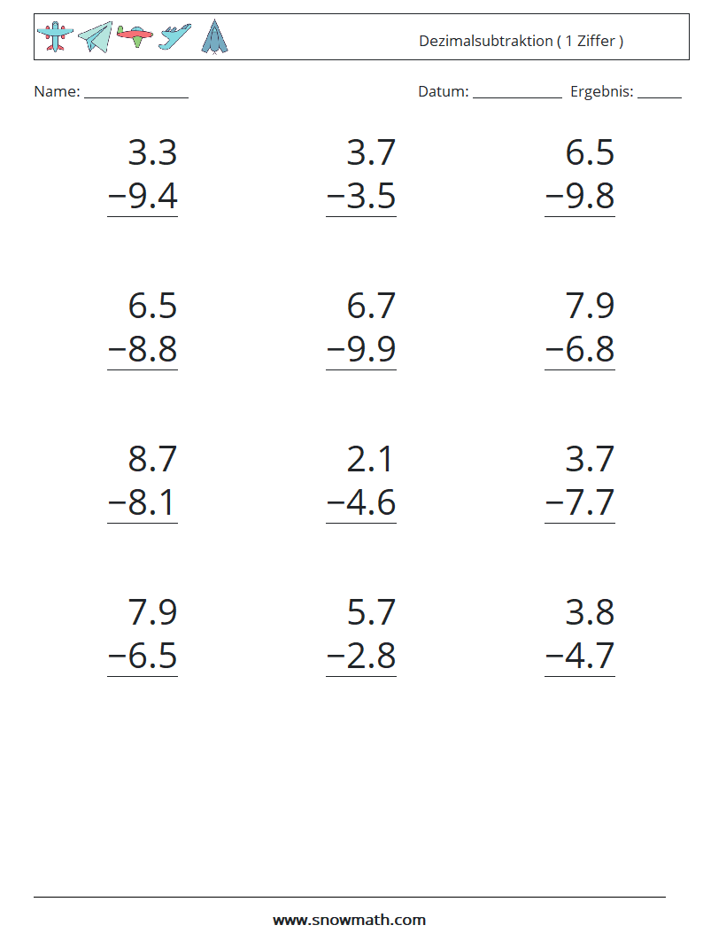 (12) Dezimalsubtraktion ( 1 Ziffer ) Mathe-Arbeitsblätter 1