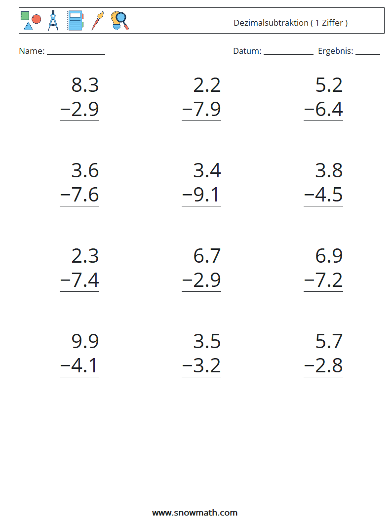 (12) Dezimalsubtraktion ( 1 Ziffer ) Mathe-Arbeitsblätter 10