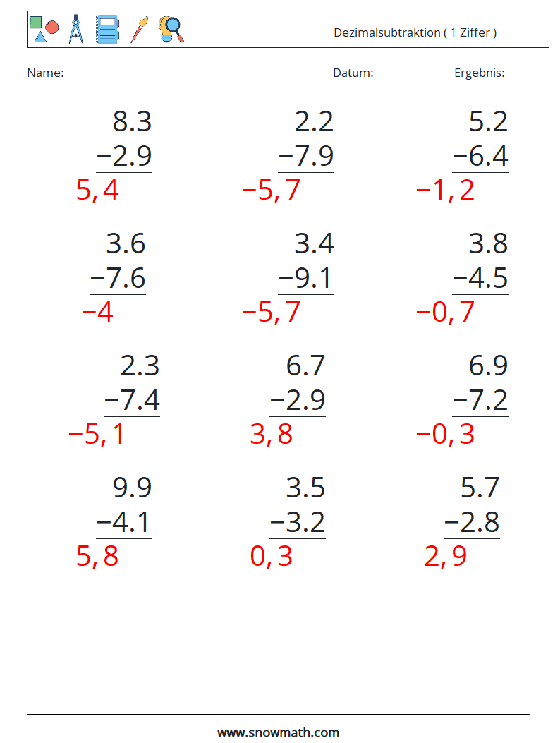 (12) Dezimalsubtraktion ( 1 Ziffer ) Mathe-Arbeitsblätter 10 Frage, Antwort