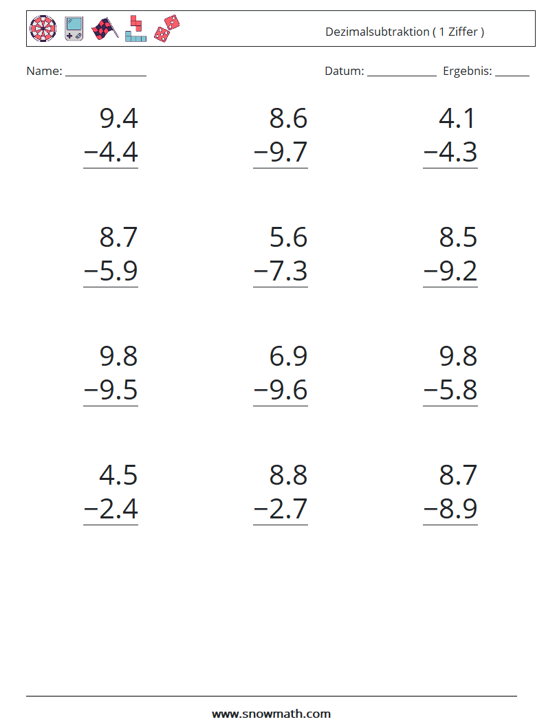 (12) Dezimalsubtraktion ( 1 Ziffer ) Mathe-Arbeitsblätter 11