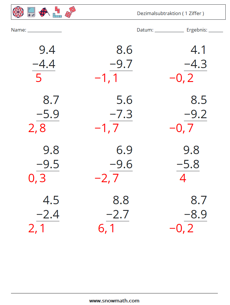 (12) Dezimalsubtraktion ( 1 Ziffer ) Mathe-Arbeitsblätter 11 Frage, Antwort