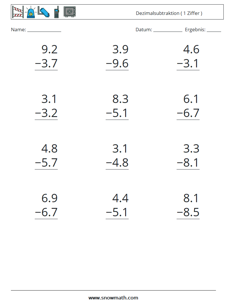 (12) Dezimalsubtraktion ( 1 Ziffer ) Mathe-Arbeitsblätter 12