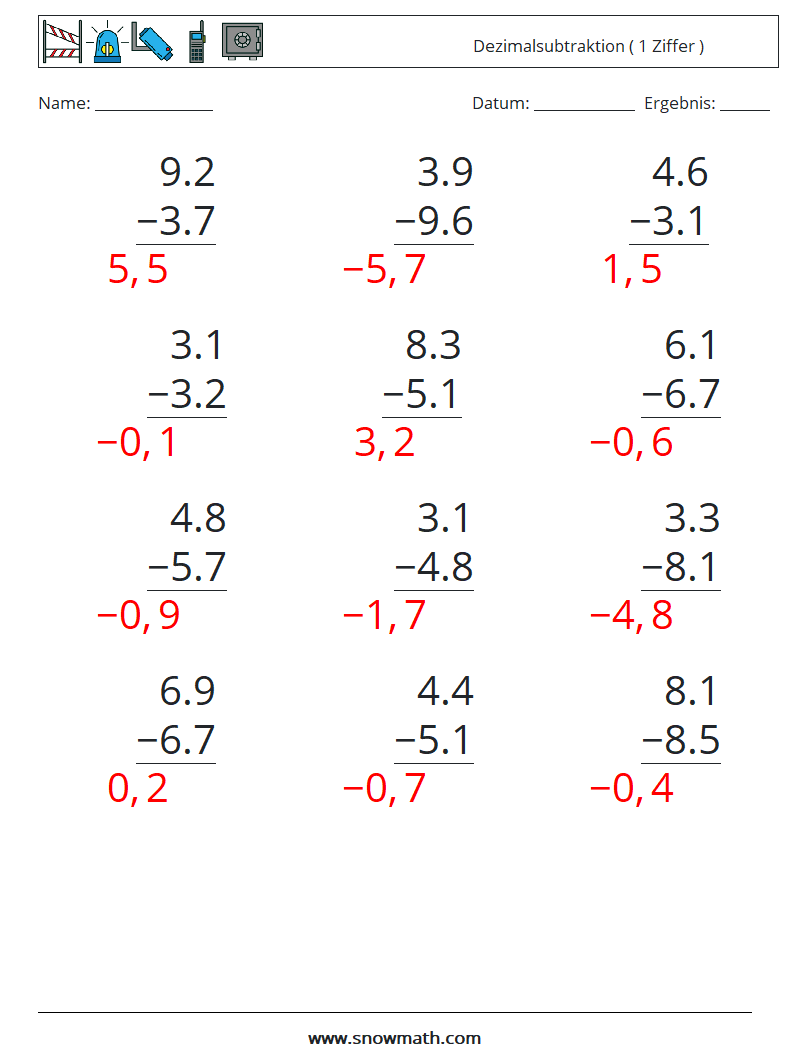 (12) Dezimalsubtraktion ( 1 Ziffer ) Mathe-Arbeitsblätter 12 Frage, Antwort