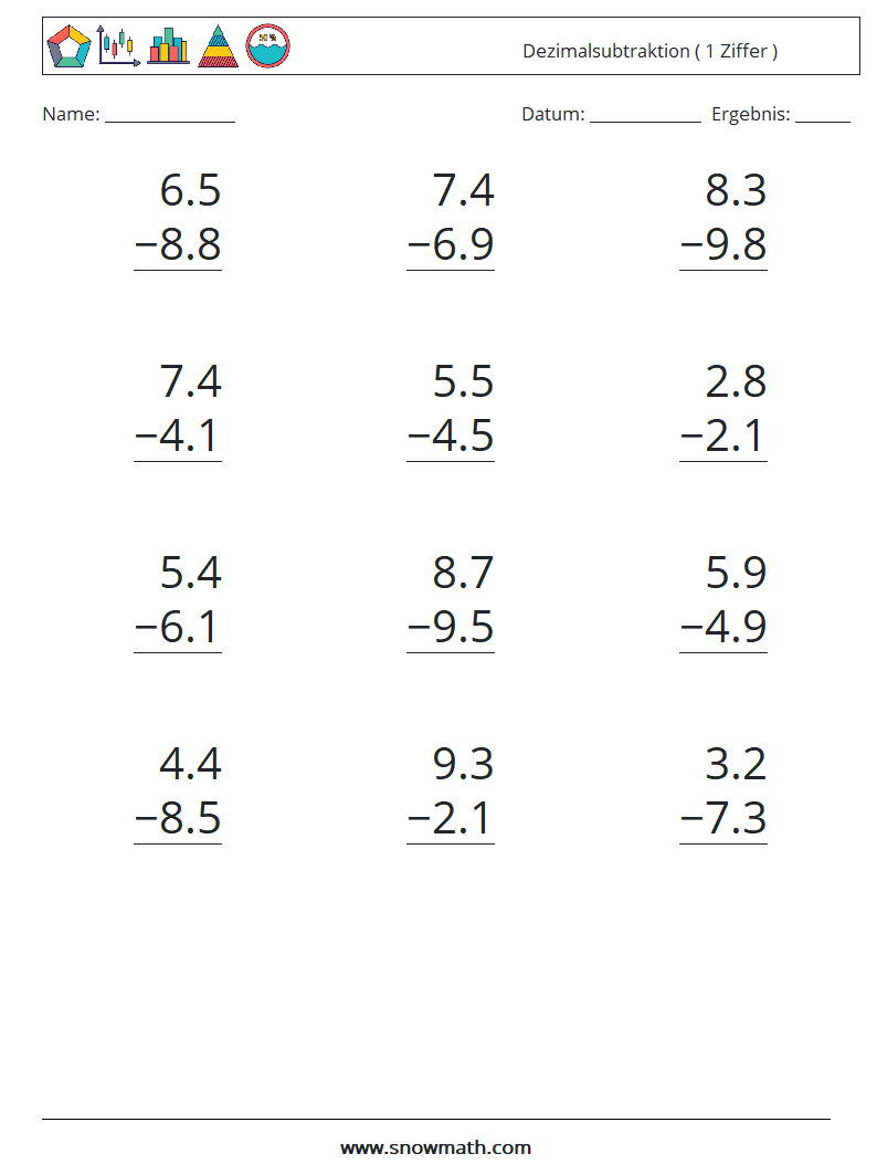 (12) Dezimalsubtraktion ( 1 Ziffer ) Mathe-Arbeitsblätter 13