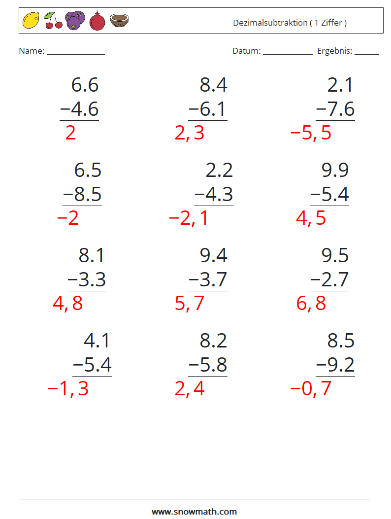 (12) Dezimalsubtraktion ( 1 Ziffer ) Mathe-Arbeitsblätter 14 Frage, Antwort