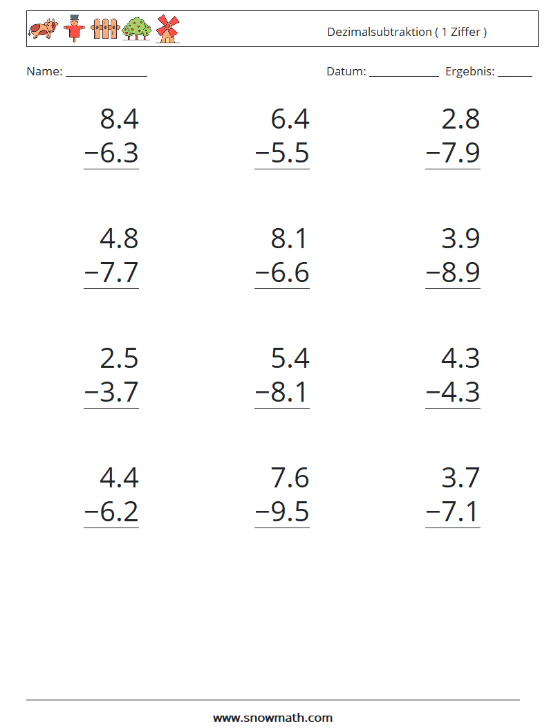 (12) Dezimalsubtraktion ( 1 Ziffer ) Mathe-Arbeitsblätter 15