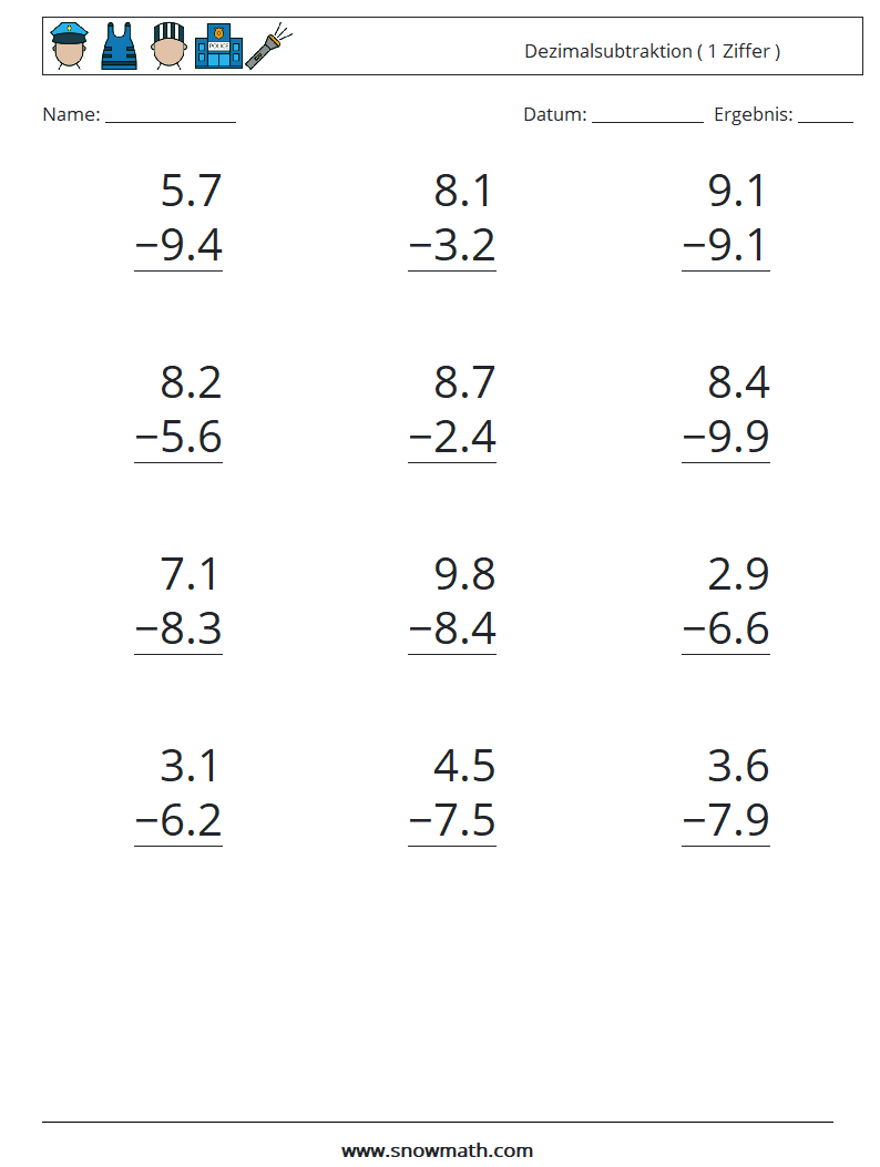 (12) Dezimalsubtraktion ( 1 Ziffer ) Mathe-Arbeitsblätter 16