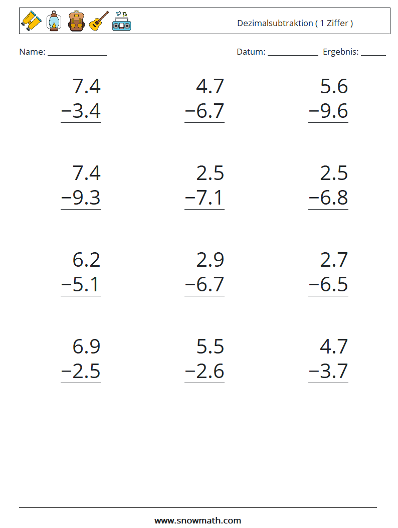 (12) Dezimalsubtraktion ( 1 Ziffer ) Mathe-Arbeitsblätter 17