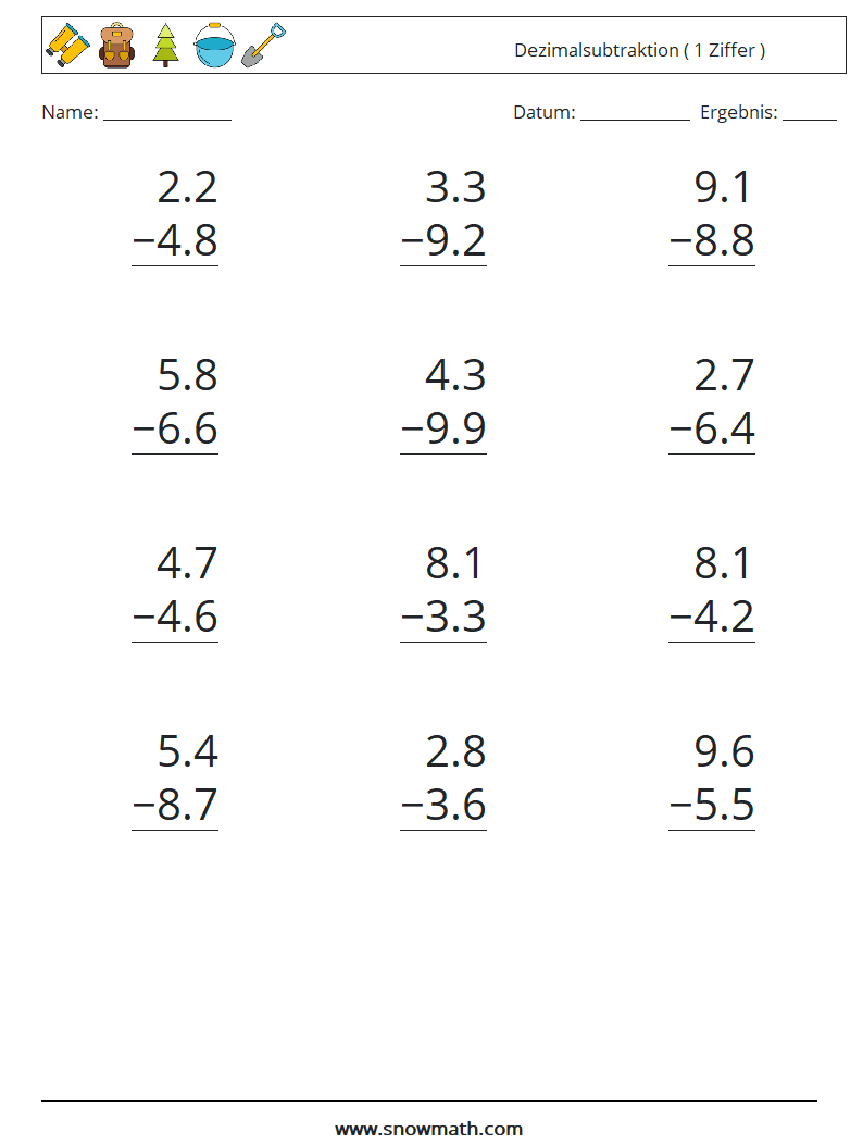 (12) Dezimalsubtraktion ( 1 Ziffer ) Mathe-Arbeitsblätter 18