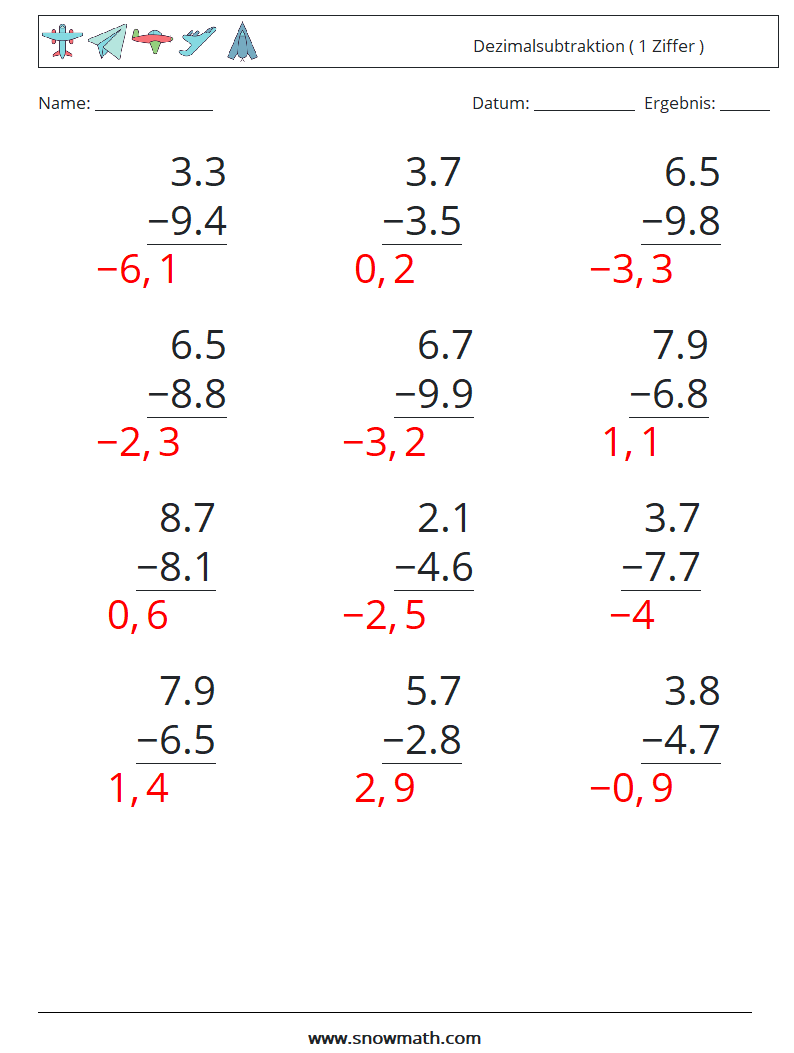 (12) Dezimalsubtraktion ( 1 Ziffer ) Mathe-Arbeitsblätter 1 Frage, Antwort