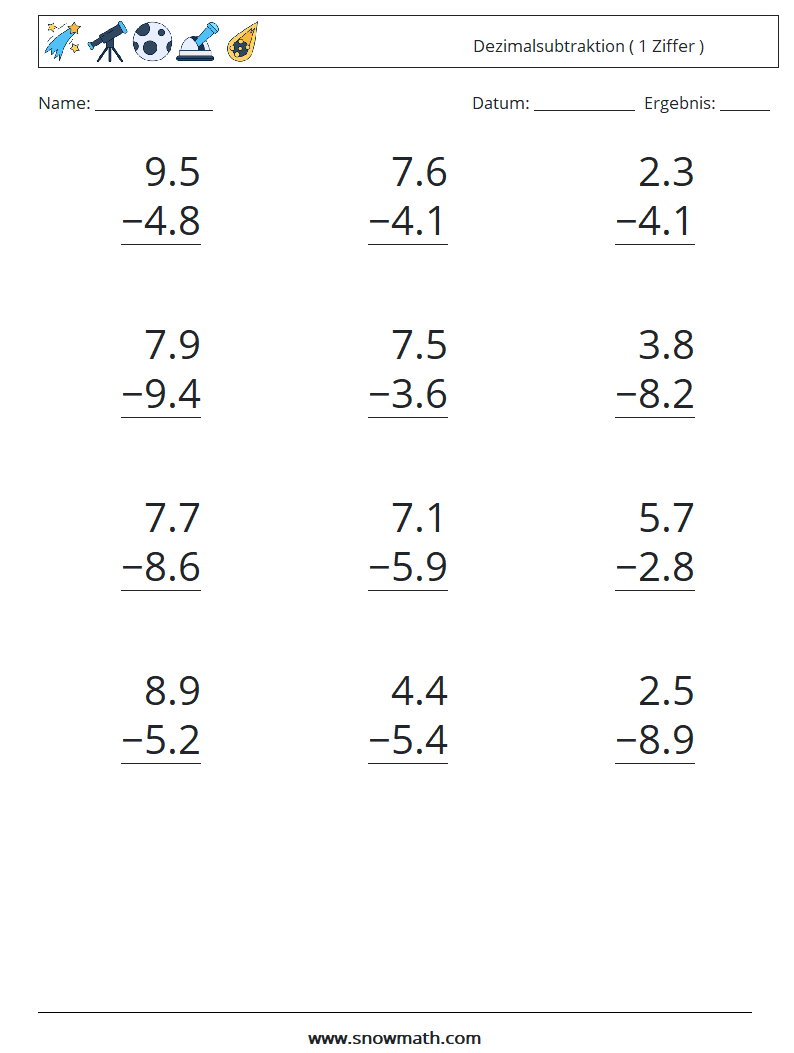 (12) Dezimalsubtraktion ( 1 Ziffer ) Mathe-Arbeitsblätter 2