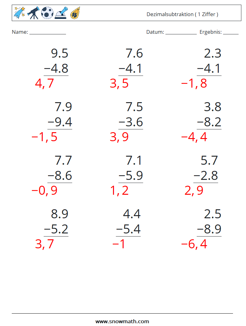 (12) Dezimalsubtraktion ( 1 Ziffer ) Mathe-Arbeitsblätter 2 Frage, Antwort
