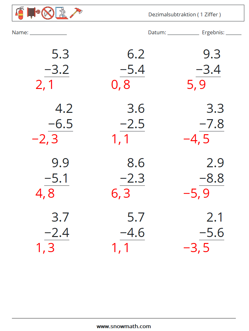 (12) Dezimalsubtraktion ( 1 Ziffer ) Mathe-Arbeitsblätter 3 Frage, Antwort