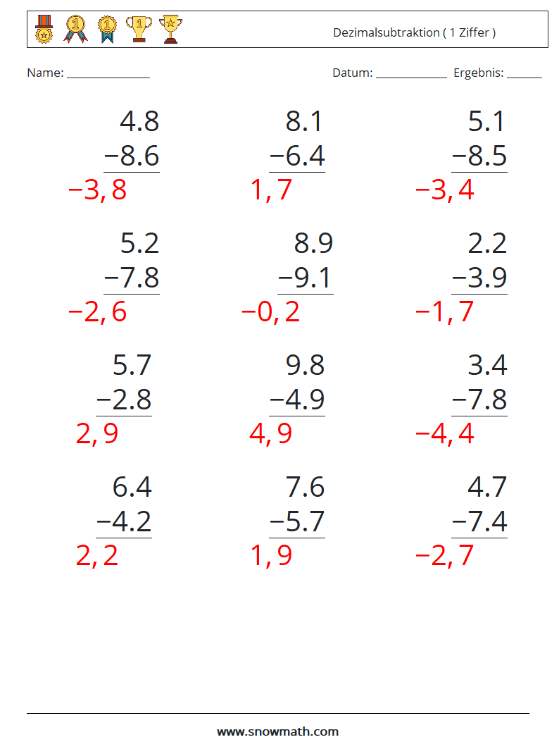 (12) Dezimalsubtraktion ( 1 Ziffer ) Mathe-Arbeitsblätter 4 Frage, Antwort