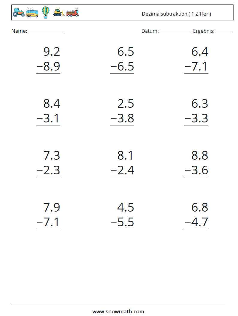 (12) Dezimalsubtraktion ( 1 Ziffer ) Mathe-Arbeitsblätter 5