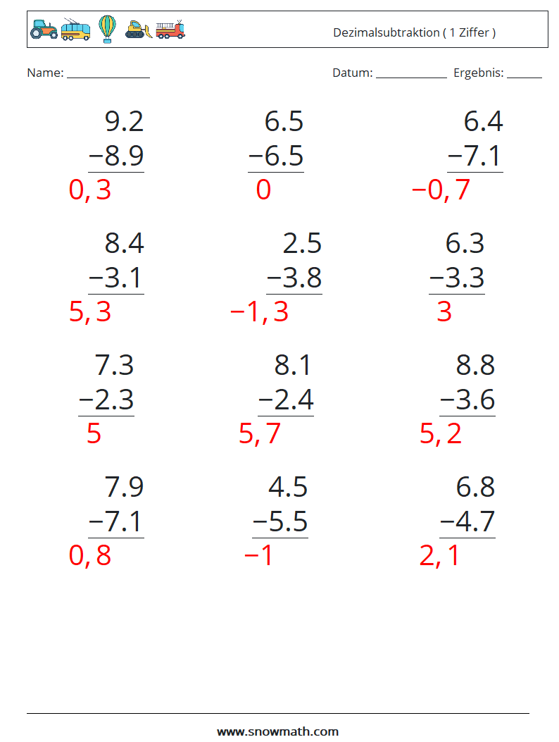 (12) Dezimalsubtraktion ( 1 Ziffer ) Mathe-Arbeitsblätter 5 Frage, Antwort