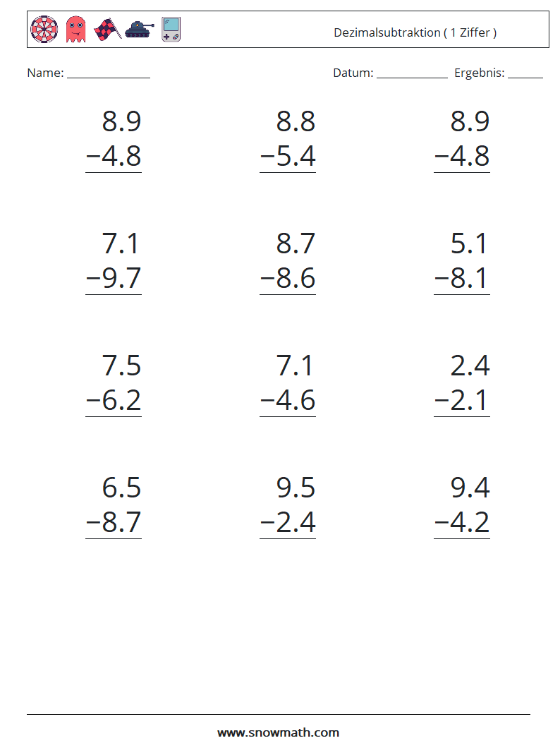 (12) Dezimalsubtraktion ( 1 Ziffer ) Mathe-Arbeitsblätter 6