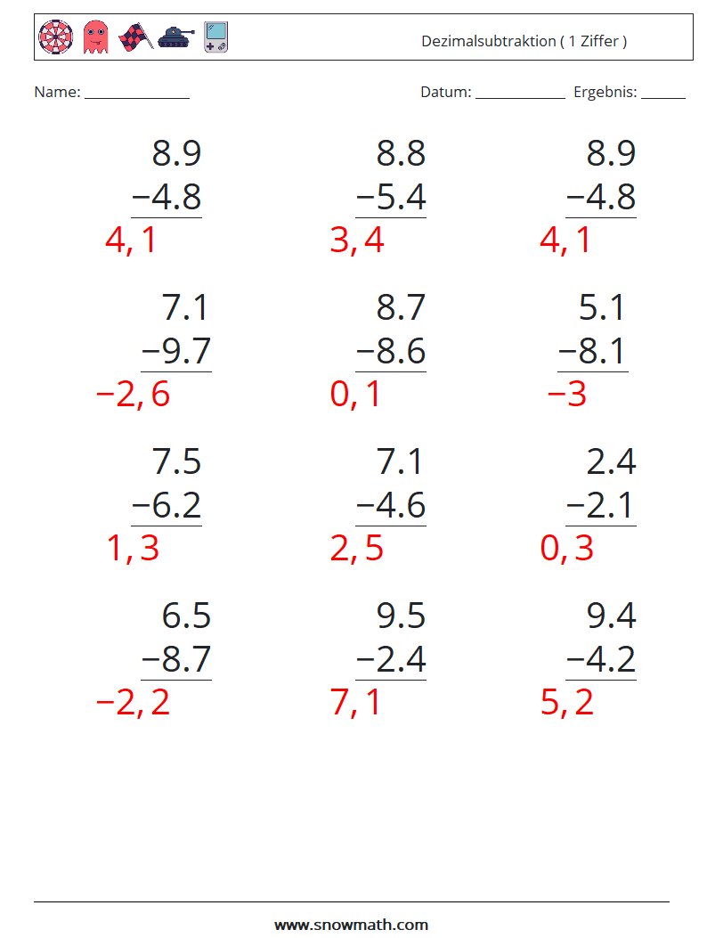 (12) Dezimalsubtraktion ( 1 Ziffer ) Mathe-Arbeitsblätter 6 Frage, Antwort