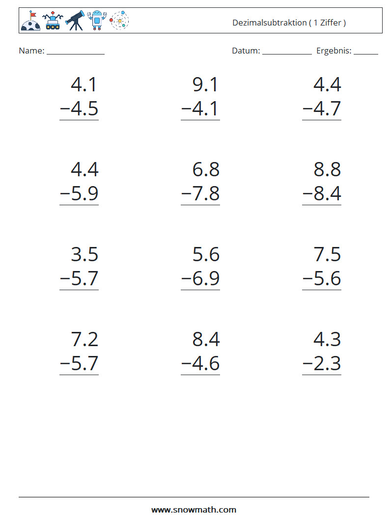 (12) Dezimalsubtraktion ( 1 Ziffer ) Mathe-Arbeitsblätter 7