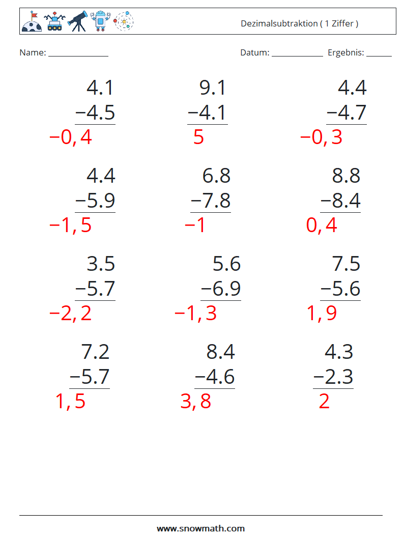 (12) Dezimalsubtraktion ( 1 Ziffer ) Mathe-Arbeitsblätter 7 Frage, Antwort