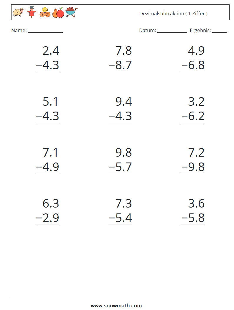(12) Dezimalsubtraktion ( 1 Ziffer ) Mathe-Arbeitsblätter 8