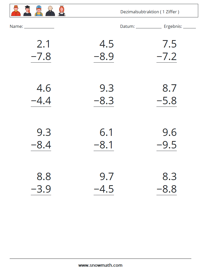 (12) Dezimalsubtraktion ( 1 Ziffer ) Mathe-Arbeitsblätter 9