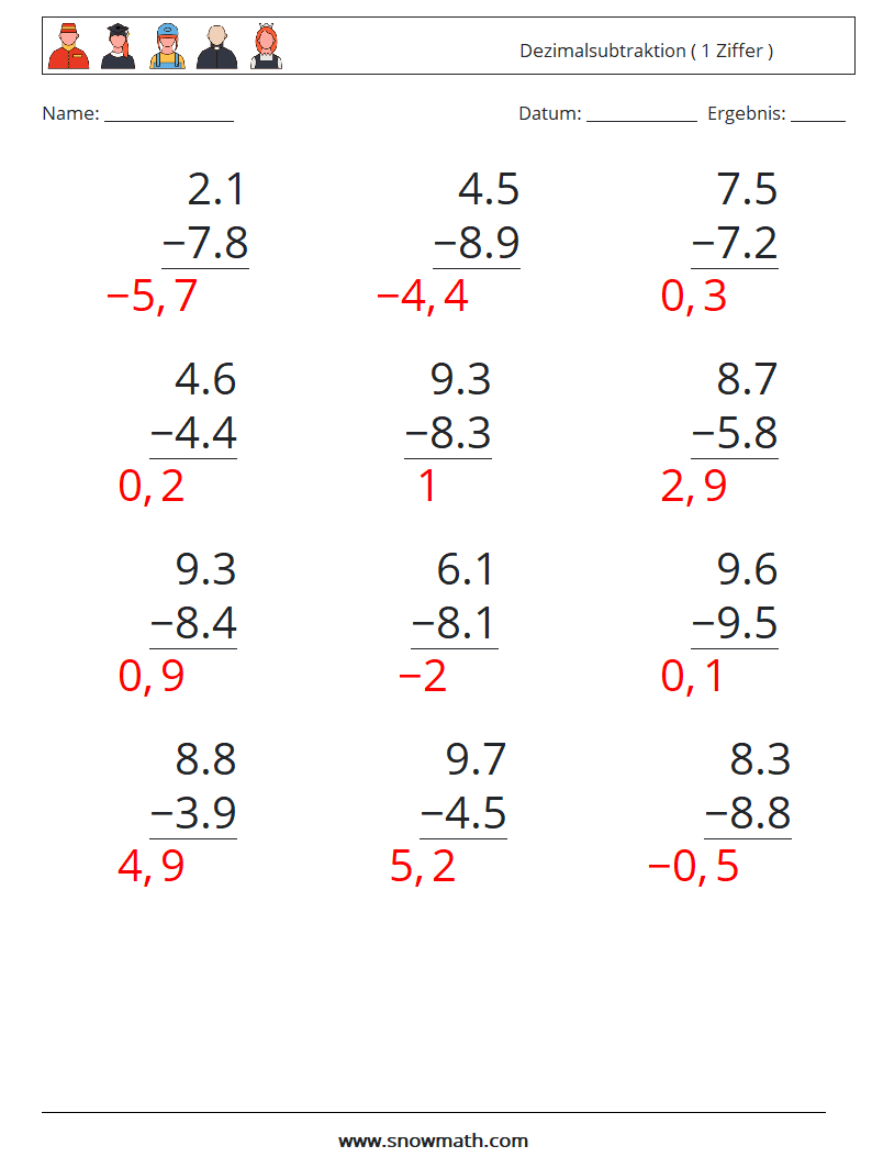 (12) Dezimalsubtraktion ( 1 Ziffer ) Mathe-Arbeitsblätter 9 Frage, Antwort