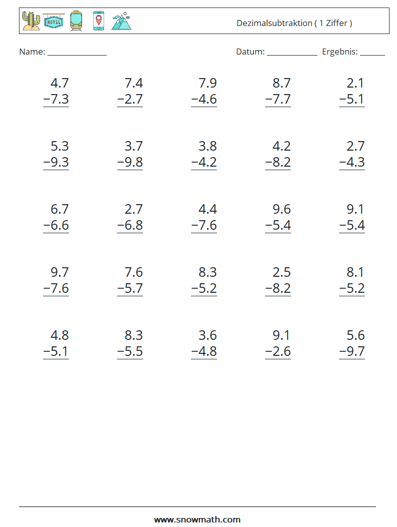 (25) Dezimalsubtraktion ( 1 Ziffer ) Mathe-Arbeitsblätter 1